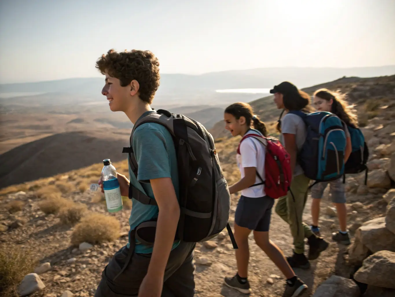 A group of teenagers hiking on a more challenging trail in the Judean Hills, with rocky terrain and panoramic views. They are carrying backpacks and water bottles, and appear to be enjoying the physical challenge.