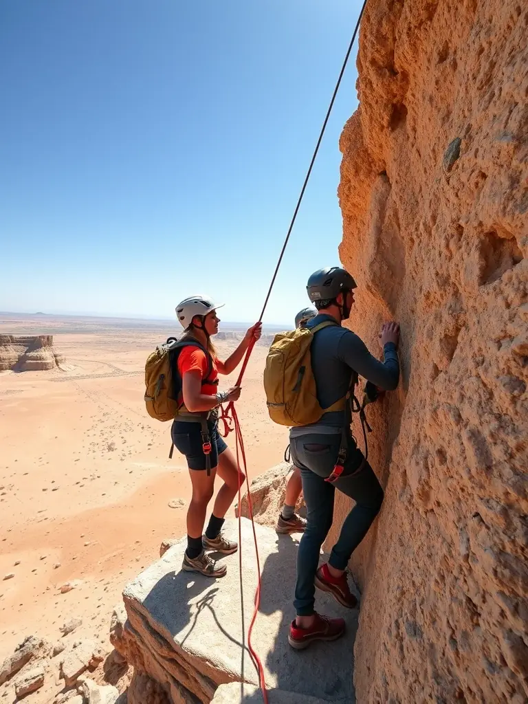 Teenagers rappelling down a cliff face in the Israeli desert, with professional guides ensuring their safety and providing instruction.