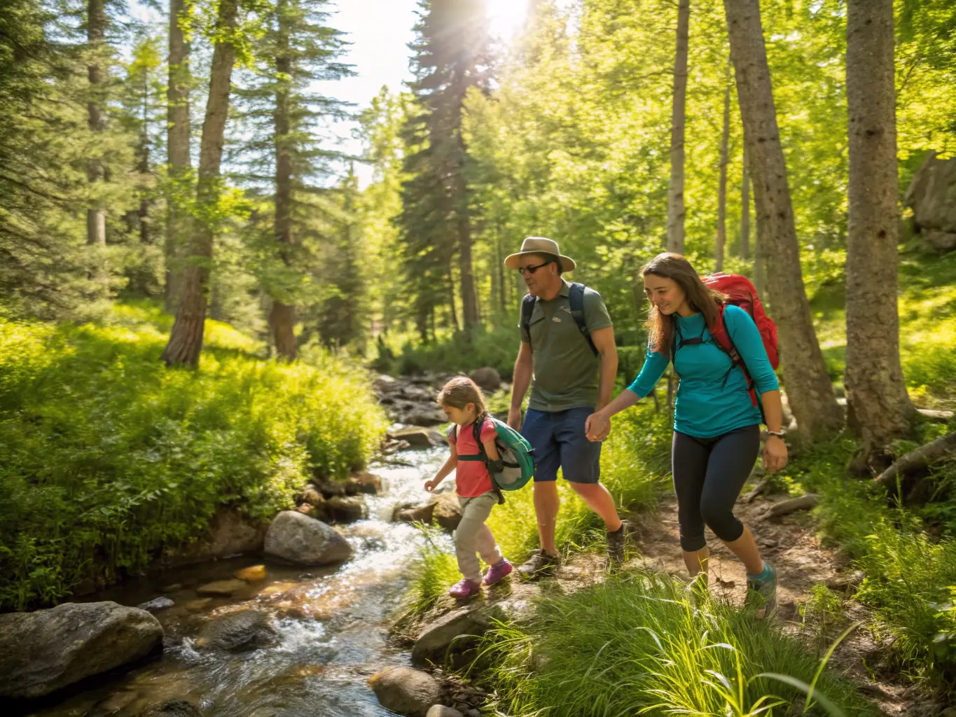 A family with young children hiking on a well-maintained trail in the Galilee, surrounded by lush greenery and wildflowers. The father is pointing out something of interest to the children.
